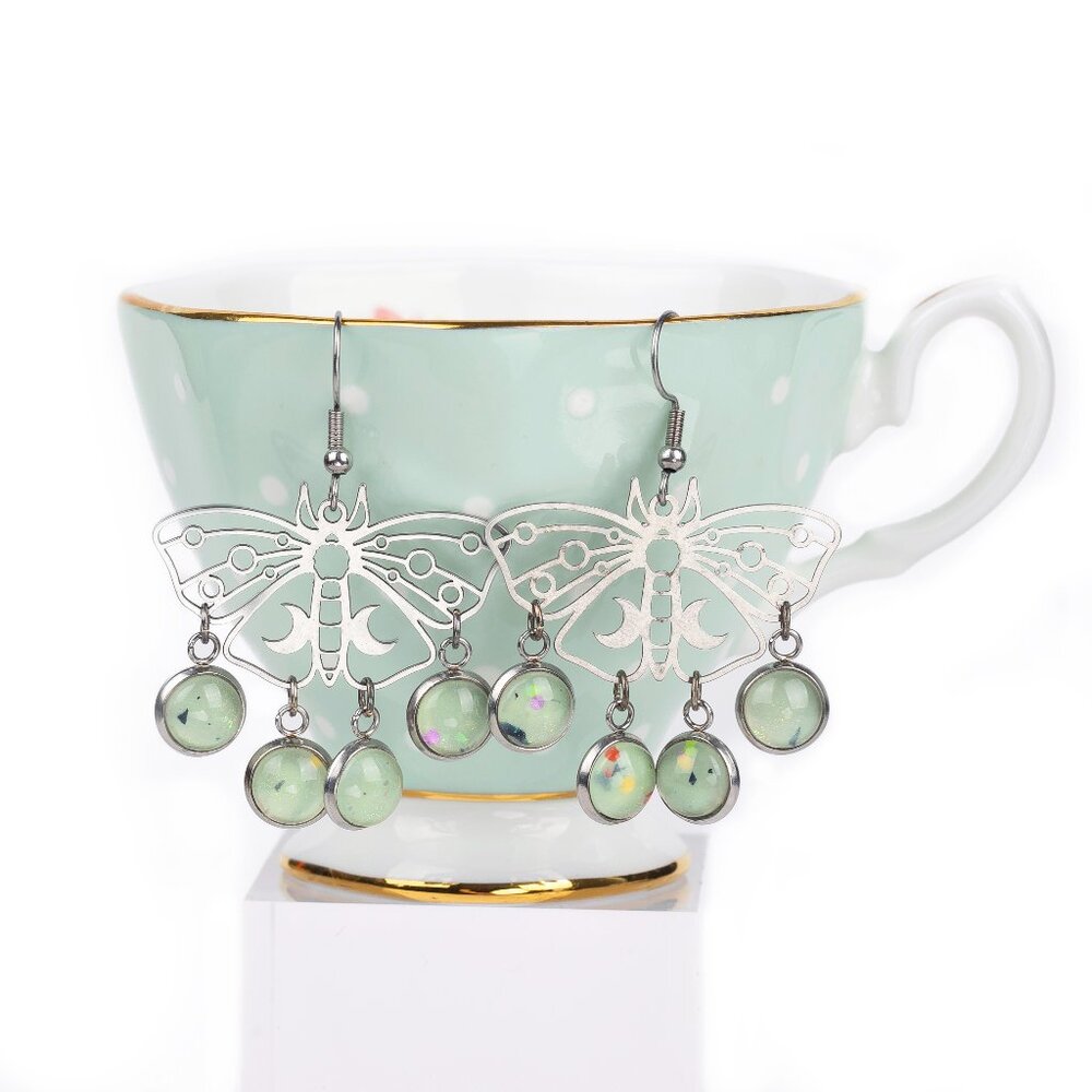 Silver Metal Luna Moth Filigree Dangle Chandelier Earrings